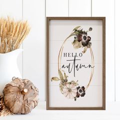 Hello Autumn Wreath White Framed Sign
