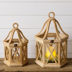 Hexagon Wooden Lantern Set of 2