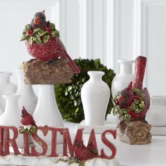 Holiday Cardinal on Log Figurine Set of 2