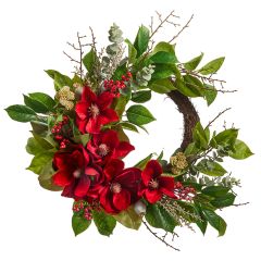 Holiday Red Magnolia Asymmetrical Wreath