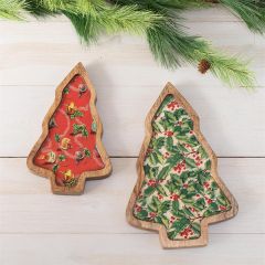 Holiday Tree Shaped Wood Tray Set of 2