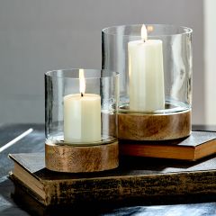 Hurricane Glass With Round Wooden Base Set of 2