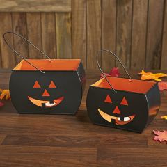 Jack O Lantern Pail Tea Light Holder Set of 2
