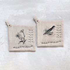 Kantha Stitch Nature Print Pot Holder Set of 2