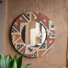 Kilim Fabric Framed Round Wall Mirror