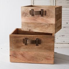 Leather Handled Wood Storage Boxes Set of 2