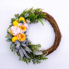 Lemon With Mixed Florals and Checkered Bow Wreath