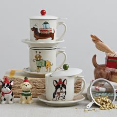 Lidded Holiday Mug with Strainer and Saucer Set of 3