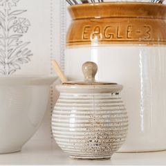 Lidded Stoneware Honey Pot With Dipper 3 Piece Set