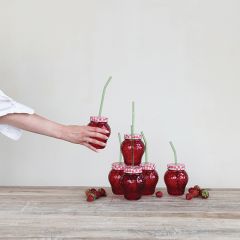 Lidded Strawberry Shaped Drinking Glass With Straw Set of 2