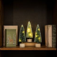 Light Up 9 Inch Green Bottlebrush Tree Set of 3