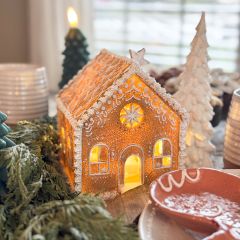 Lighted Snowy Gingerbread House with Star