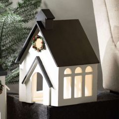 Lighted Wood Church With Holiday Wreath