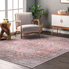 Machine Washable Gray Floral Medallion Area Rug
