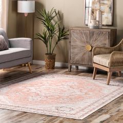 Machine Washable Peach Floral Medallion Area Rug