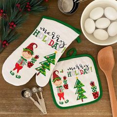 Merry Holiday Elf Oven Mitt and Pot holder Set
