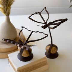 Metal Butterfly On Rock Base Set of 2