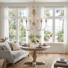 Metal Palm 6 Light Chandelier Antique Ivory