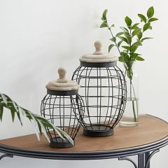 Metal Wire Jar With Wood Set of 2