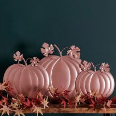 Metallic Pink Metal Pumpkin Trio on Wood Slat