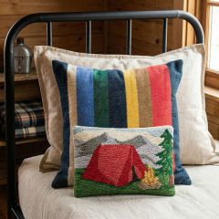 Mountain Camping Scene Wool Hooked Accent Pillow