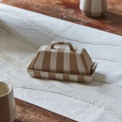 Neutral Striped Ceramic Serving Collection Butter Dish