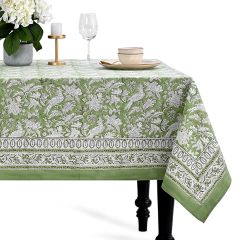 Olive Green Cotton Block Print Tablecloth