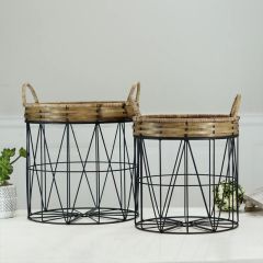 Open Metal Basket With Rattan Handles Set of 2