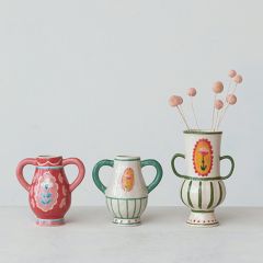 Painted Flower Stoneware Vase With Handles Set of 2