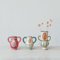 Painted Flower Stoneware Vase With Handles Set of 3