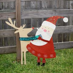 Painted Metal Santa with Deer Christmas Yard Art