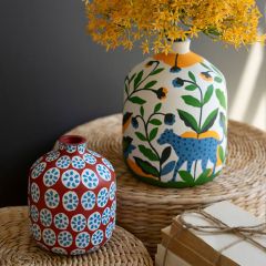 Painted Vibrant Floral Clay Vase Set of 2