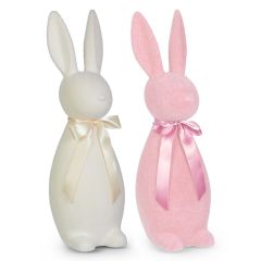 Pale Flocked Bunny With Bow Set of 2