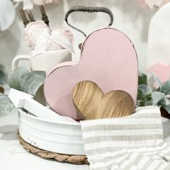 Pink and Natural Wooden Heart Decor Set of 2