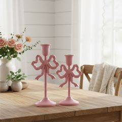 Pink Bow Taper Candle Holder Set of 2