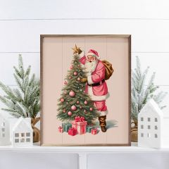 Pink Santa With Christmas Tree White Framed Wall Decor