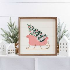 Pink Sleigh With Christmas Tree White Framed Wall Decor