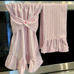 Pink Ticking Stripe Ruffled Kitchen Towel Set of 2