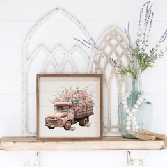Pink Truck With Wood Box Flowers Framed Wall Decor