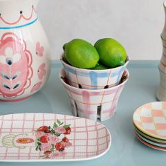 Plaid Floral Painted Stoneware Berry Bowls Set of 4