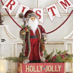 Plaid Fur Trimmed Santa With Reindeer Staff Figurine