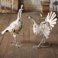 Playful Antiqued White Metal Turkey Figurines Set of 2