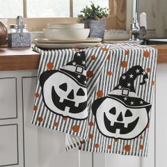 Playful Witch Pumpkins Striped Tea Towel Set of 2