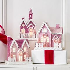 Pretty in Pink Lighted Village House Set of 3