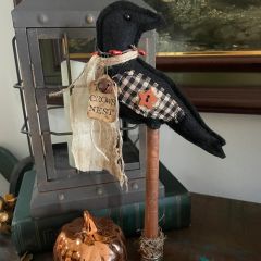 Primitive Black Crow On Spindle Stand