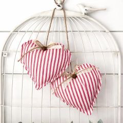 Primitive Red Ticking Stripe Fabric Hanging Hearts Set of 2