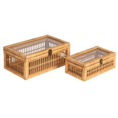 Rattan and Bamboo Storage Box With Glass Lid Set of 2