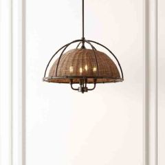 Rattan and Metal Dome Shape Pendant Light