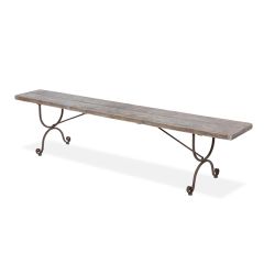 Reclaimed Pine and Scrolled Metal Bench