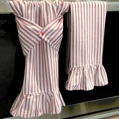 Red Ticking Stripe Ruffled Kitchen Towel Set of 2